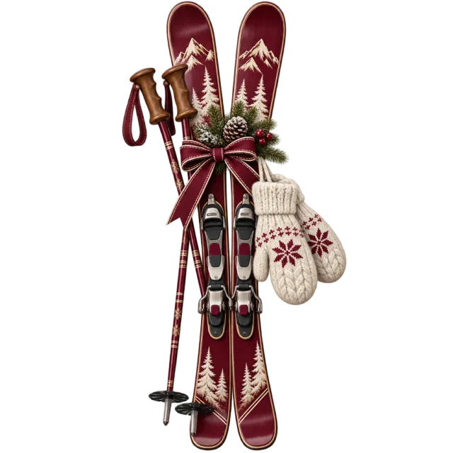 Red skis stand with poles, mittens and evergreen accents