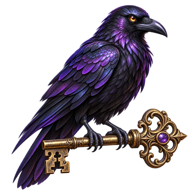 Black raven with purple feather highlights perched on an ornate golden key on a transparent background