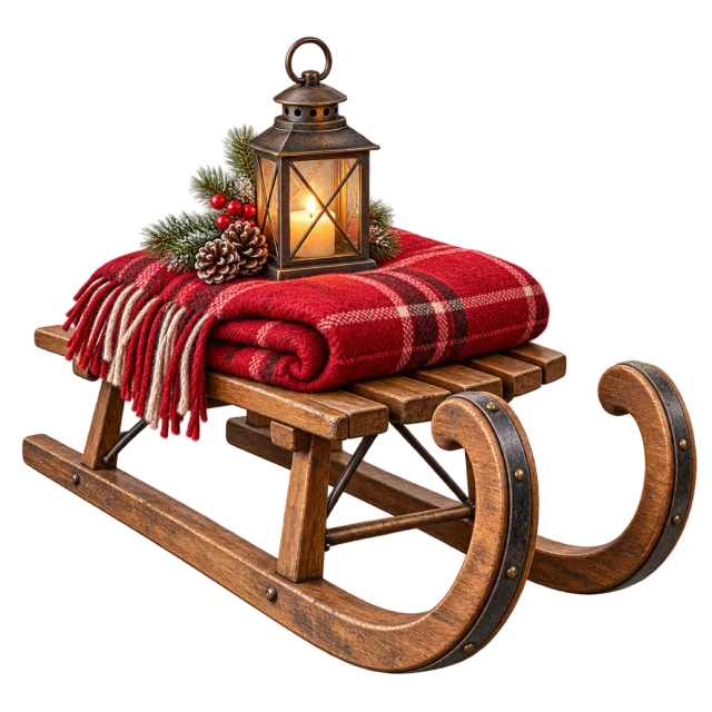 A wooden sled holds a red blanket and glowing lantern