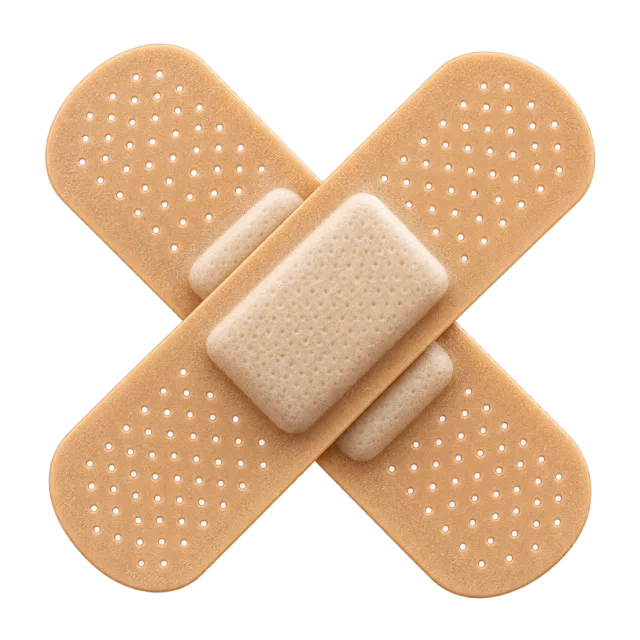 Two beige adhesive bandages cross at an angle