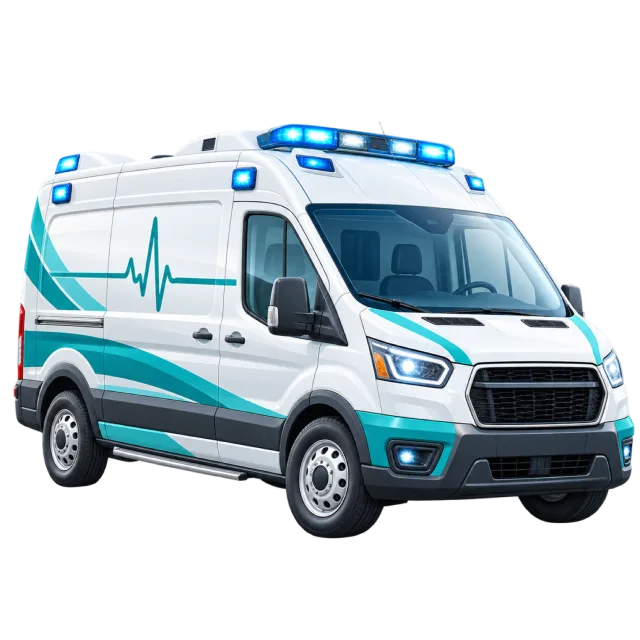 A white ambulance has turquoise trim and roof lights