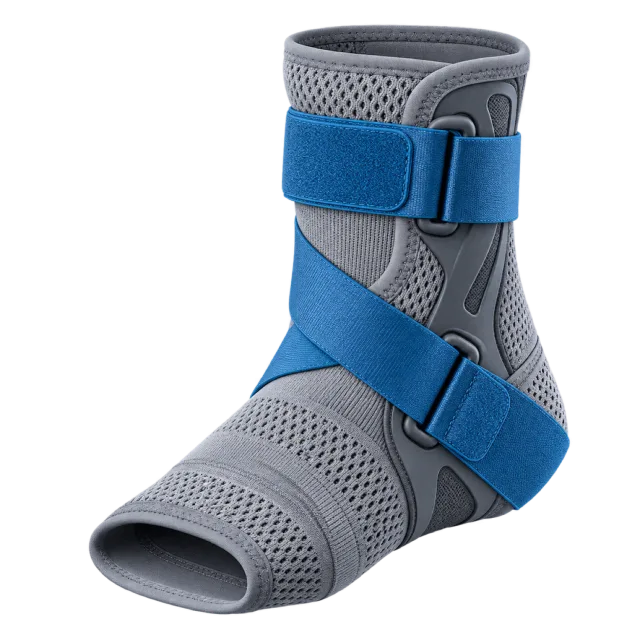 A gray ankle brace has blue straps and an open toe