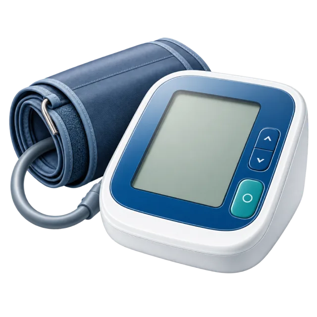 A blue and white digital monitor sits beside a dark arm cuff