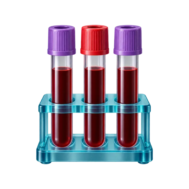 Three red-filled sample tubes stand in a turquoise rack