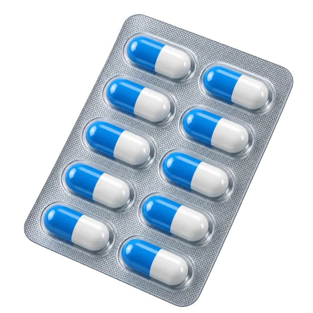 Blue and white capsules fill a silver blister pack