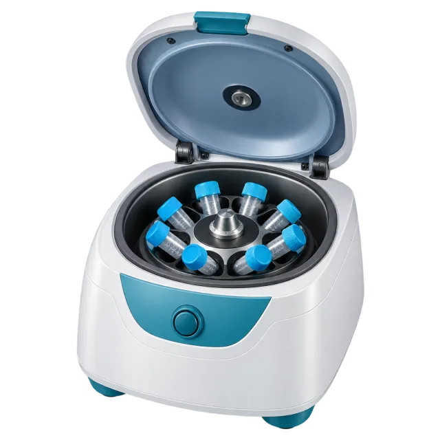 An open compact centrifuge contains a ring of sample tubes