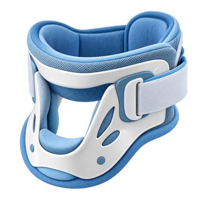 A white and blue neck collar has adjustable straps