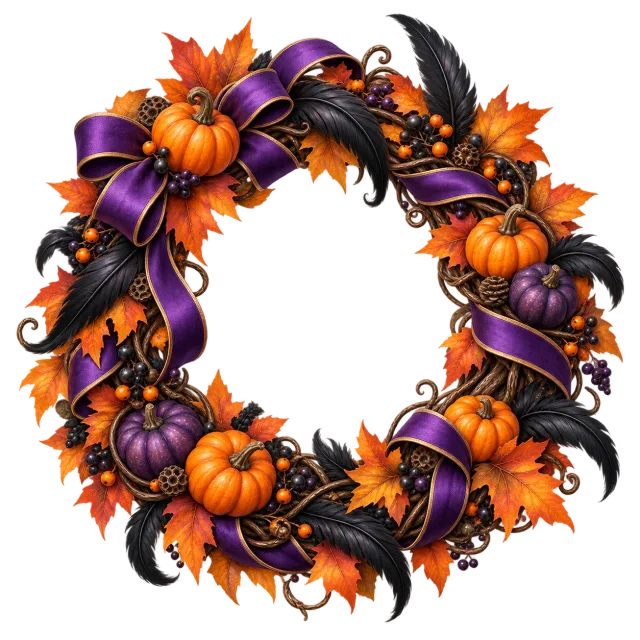 Round wreath of orange leaves, small pumpkins, dark feathers and purple ribbon on a transparent background