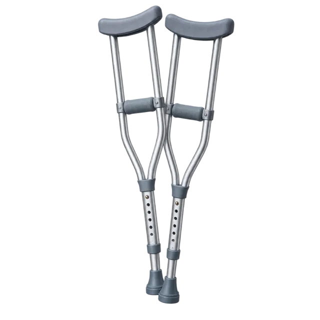 Two gray underarm crutches stand side by side