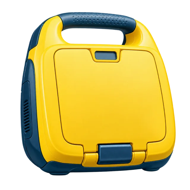 A yellow portable defibrillator case has a dark handle