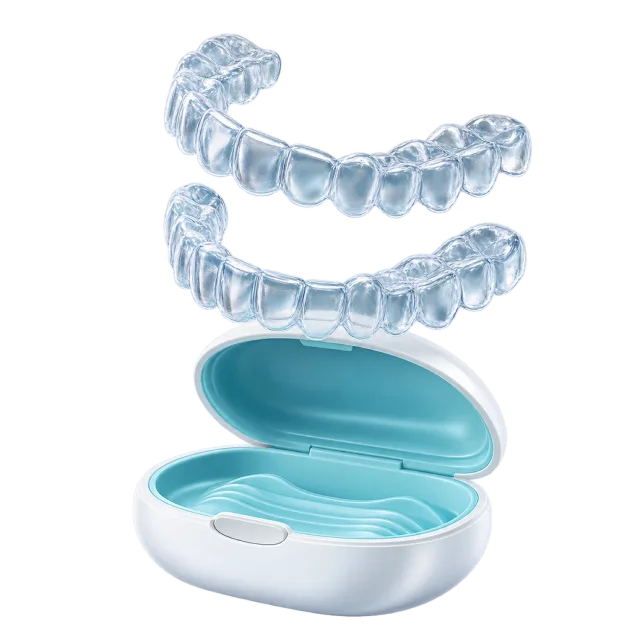 Clear dental aligner shapes float above an open turquoise case