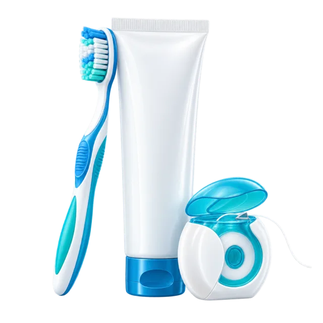 A toothbrush, toothpaste tube and floss container form a dental kit