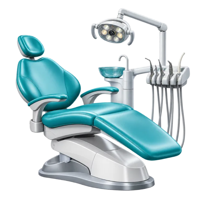 A teal dental chair sits beneath a lamp beside instrument holders