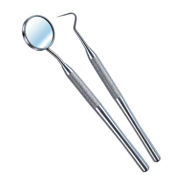 A small round dental mirror sits beside a metal pick