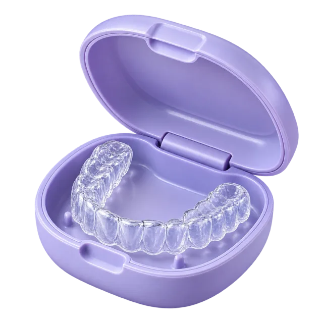 A clear dental retainer rests inside an open lavender case