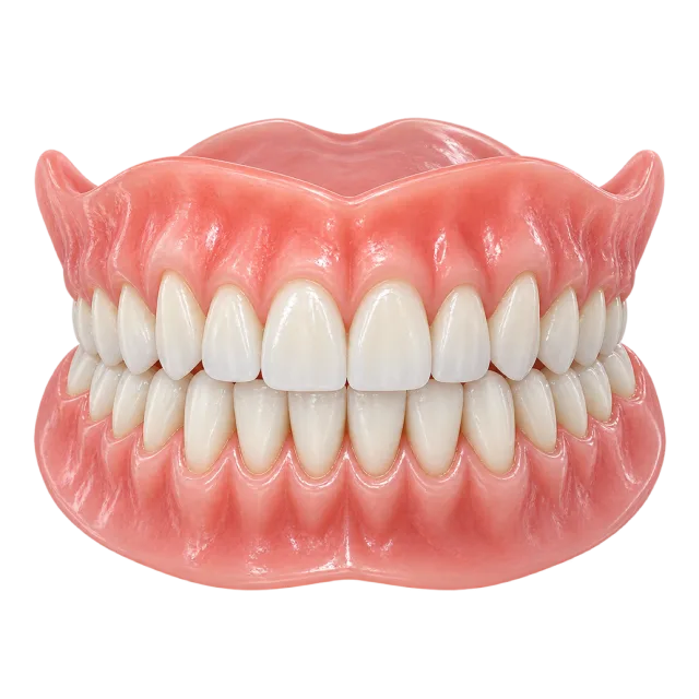 A model shows two rows of white teeth and pink gums