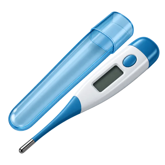 A blue and white digital thermometer sits beside its cover