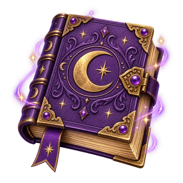 Closed purple spellbook with gold corners, a crescent moon, stars and a ribbon bookmark on a transparent background