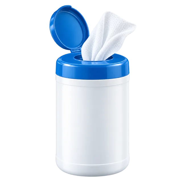 A white wipes container has a blue lid and an exposed wipe
