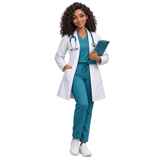 An illustrated doctor wears a white coat over teal clothing and holds a folder