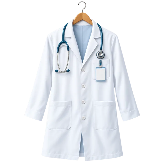 A white lab coat hangs with a stethoscope and badge