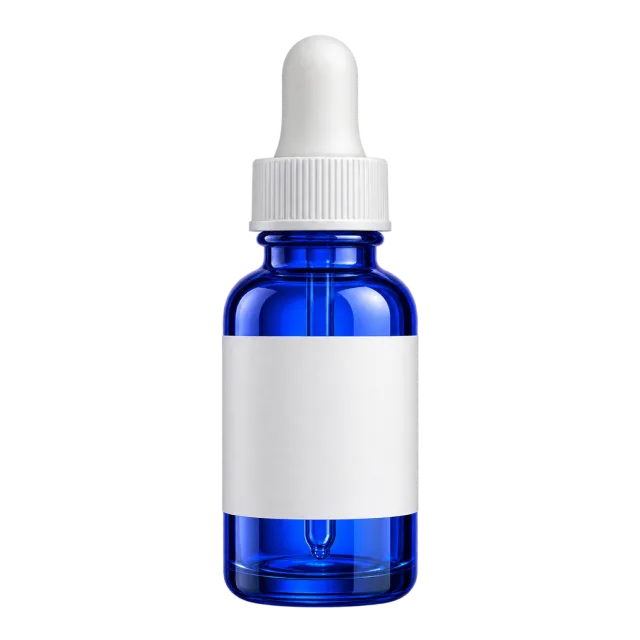 A cobalt-blue bottle has a white dropper and blank label