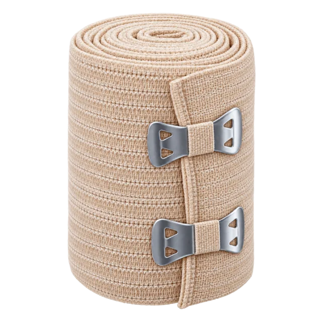 A rolled beige support bandage has two metal clips