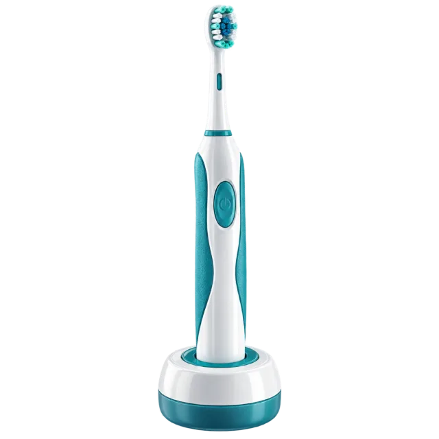 A white and teal electric toothbrush stands upright
