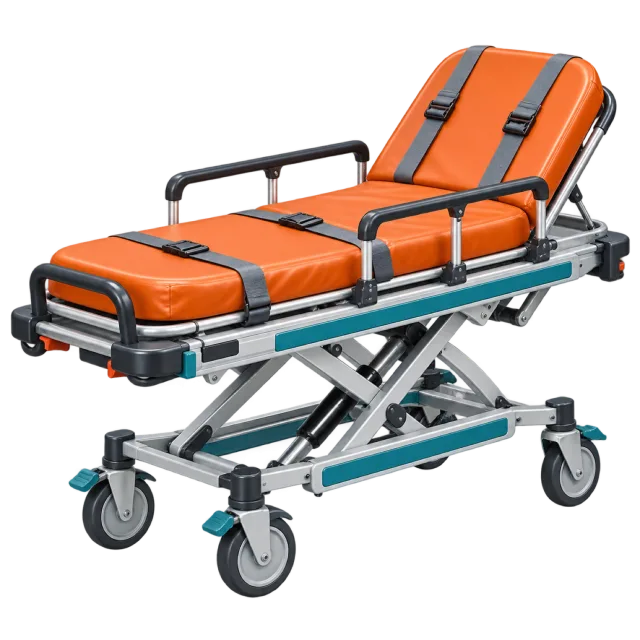An orange padded stretcher rests on a wheeled metal frame