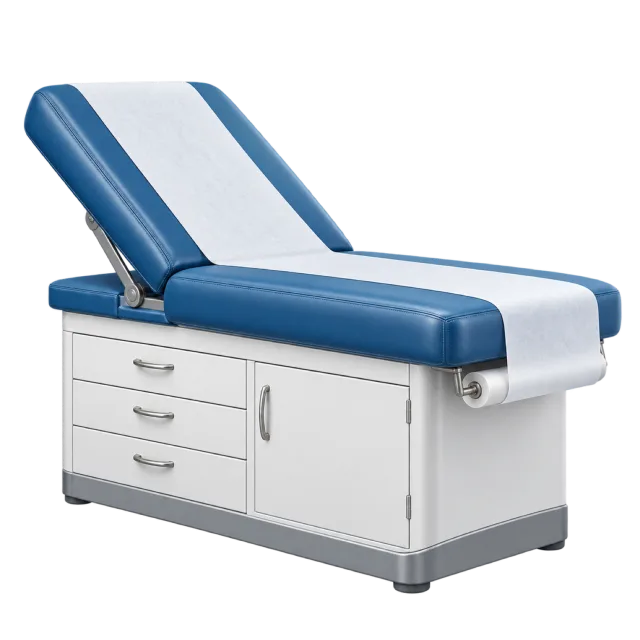A blue examination couch has a raised back and white storage drawers
