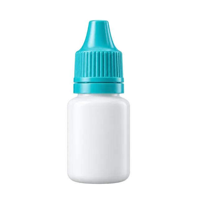 A small white eye-drop bottle has a turquoise cap