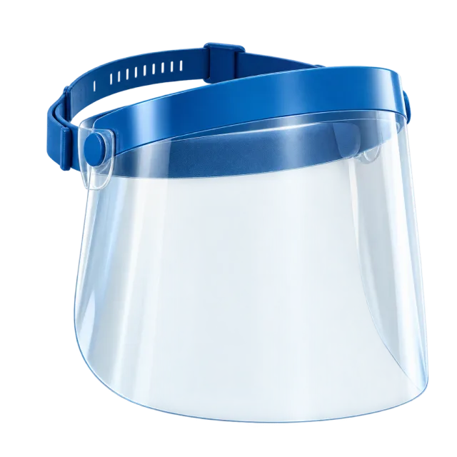 A clear face shield has a blue forehead band