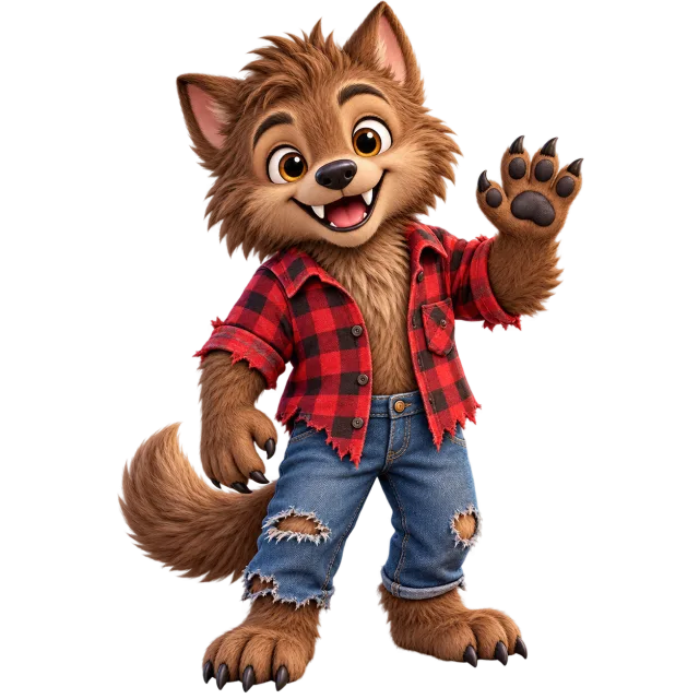 Smiling brown cartoon werewolf in a red checked shirt and torn blue trousers raising a paw on a transparent background