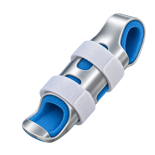 A white and blue finger support has two straps