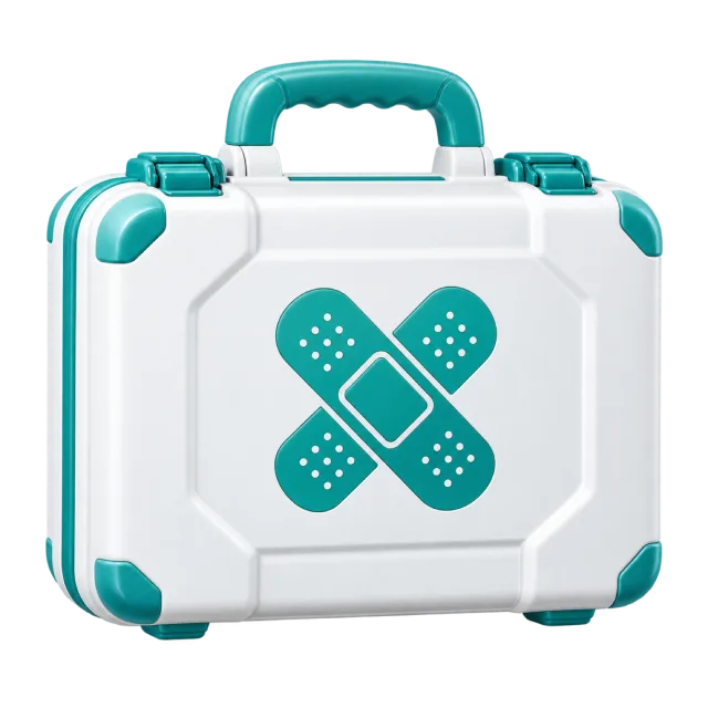 A white first-aid case has teal corners and crossed bandage symbols