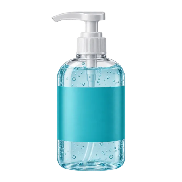 A clear pump bottle contains pale blue liquid