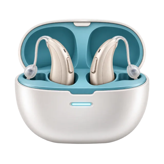 Two hearing-aid devices rest inside an open white and teal case