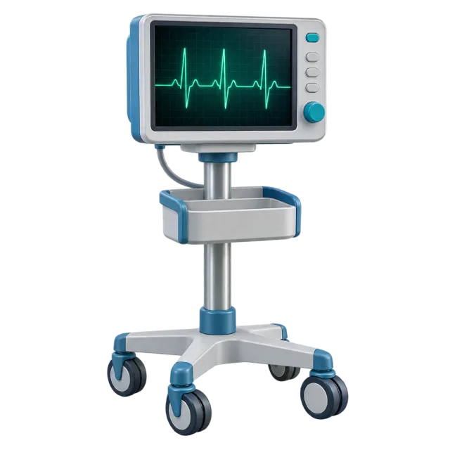 A wheeled monitor displays a green waveform