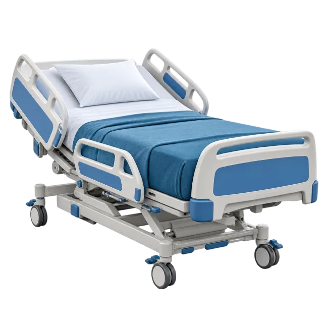 An adjustable hospital bed has white rails and blue bedding