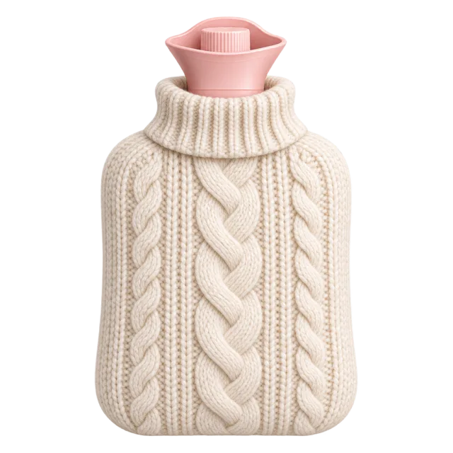 A hot-water bottle wears a cream cable-knit cover