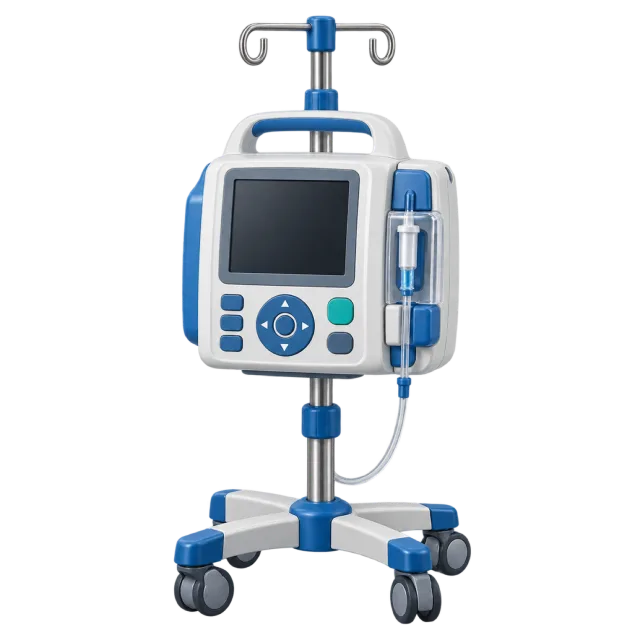 A blue and white infusion pump is mounted on a wheeled pole