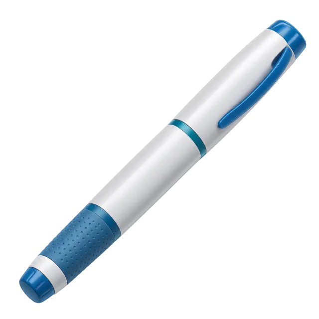 A white pen-shaped injector has blue accents