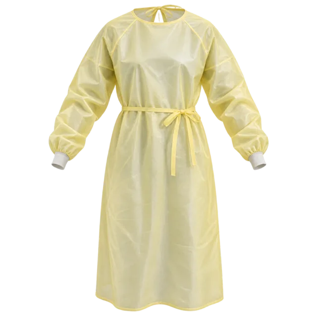 A pale yellow long-sleeved gown is tied at the waist
