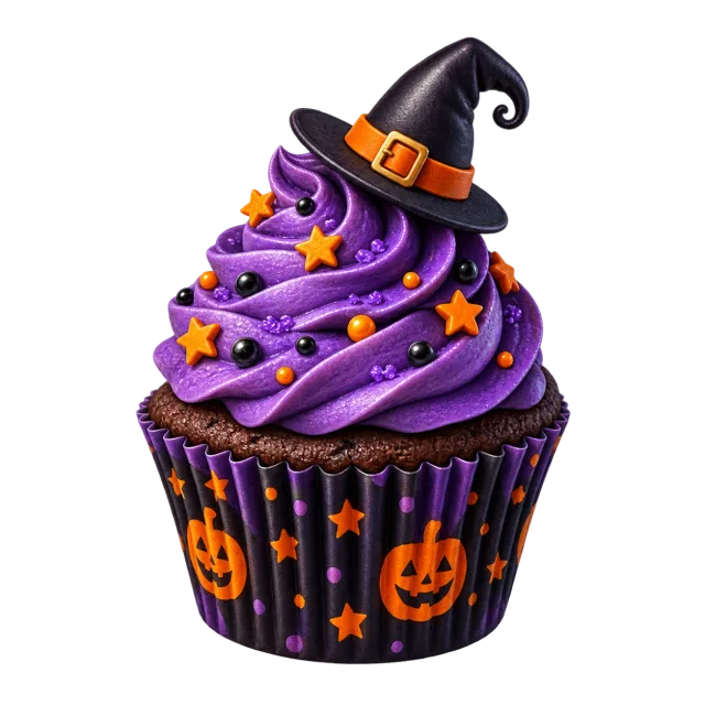 Chocolate cupcake with purple frosting, orange stars and a small black witch hat on a transparent background