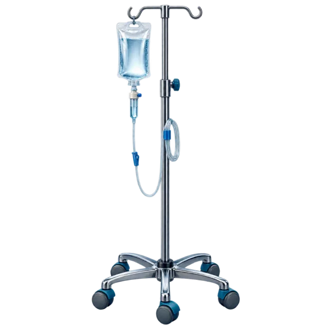 A clear fluid bag hangs from a wheeled metal stand