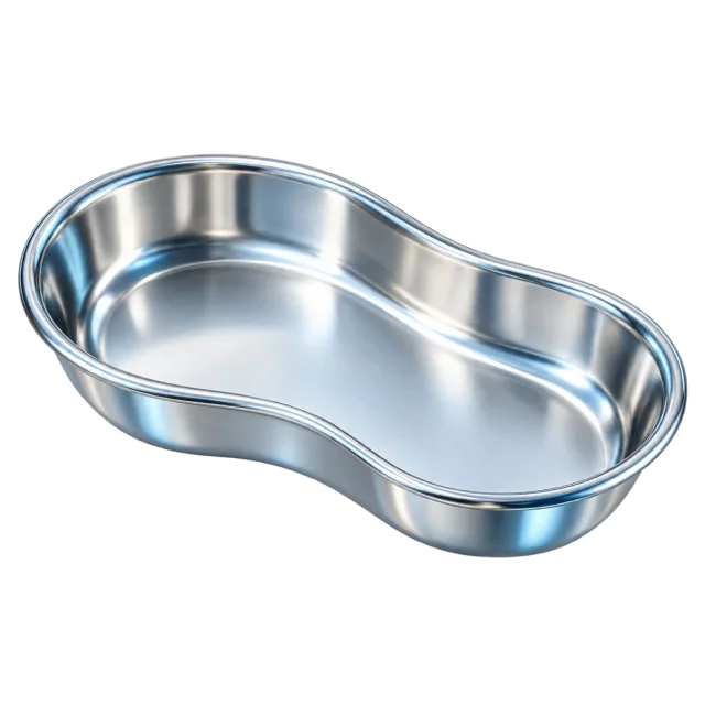 A reflective kidney-shaped metal tray is shown at an angle