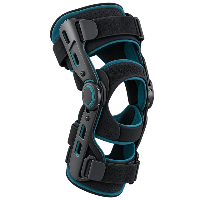 A black knee brace has teal trim and adjustable straps