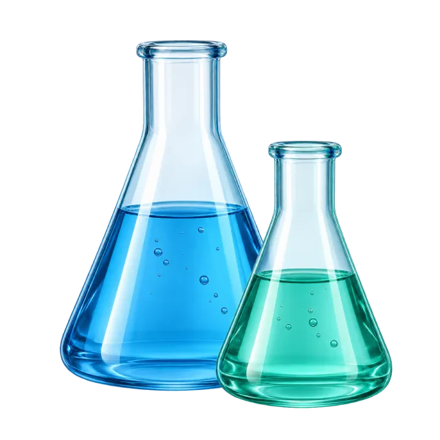 Two laboratory flasks contain blue and turquoise liquid