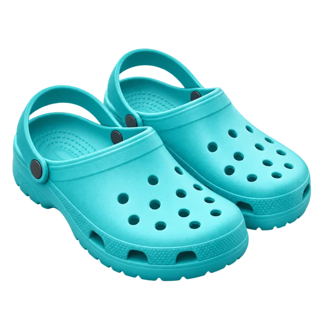 A pair of teal clogs has ventilation holes and heel straps