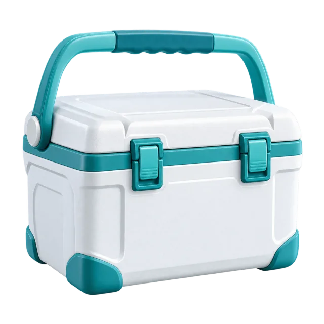 A white cooler box has teal latches and a handle